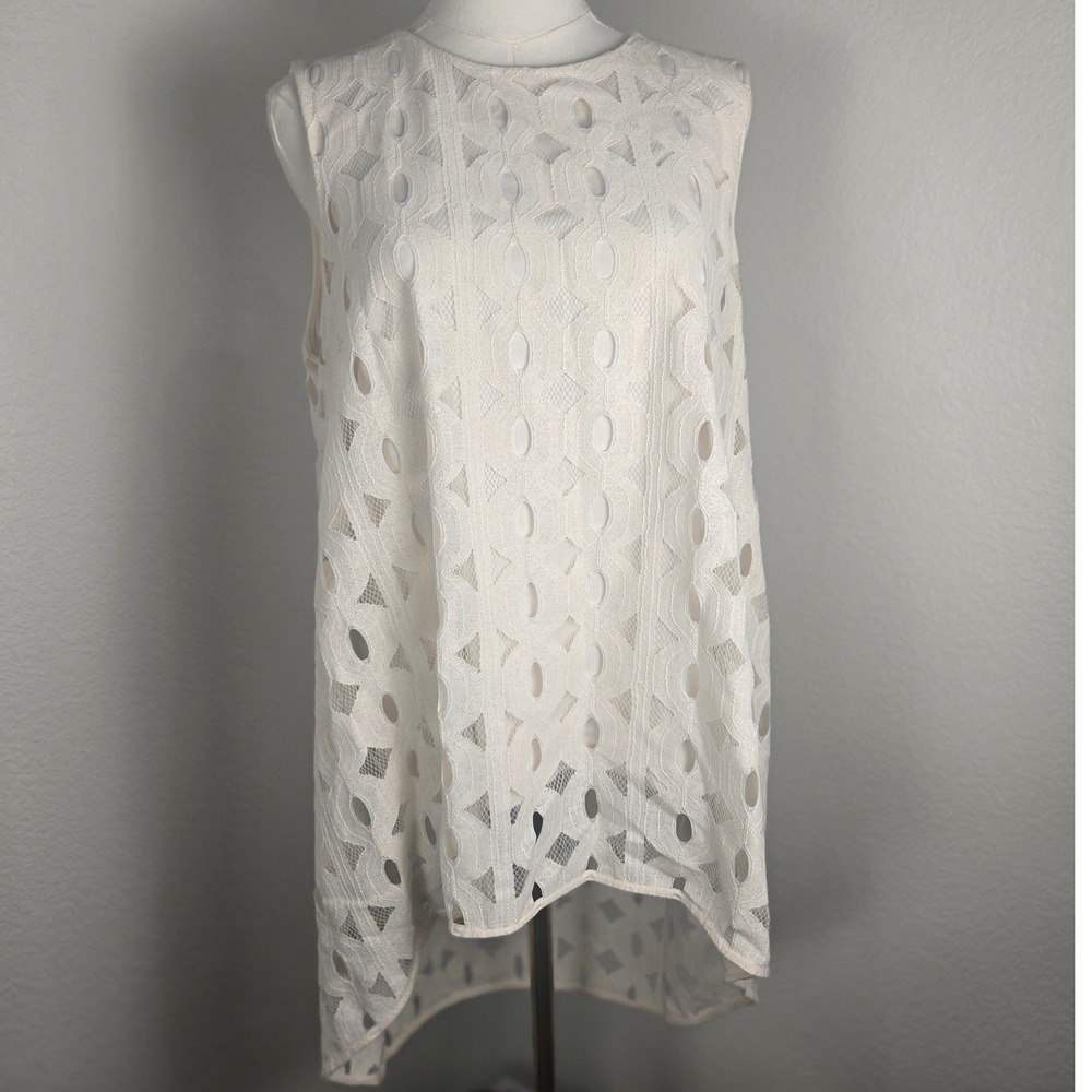 Vince‎ Camuto White/Ivory Sleeveless Lace Cutout Tunic Top Women's L Hi-Low